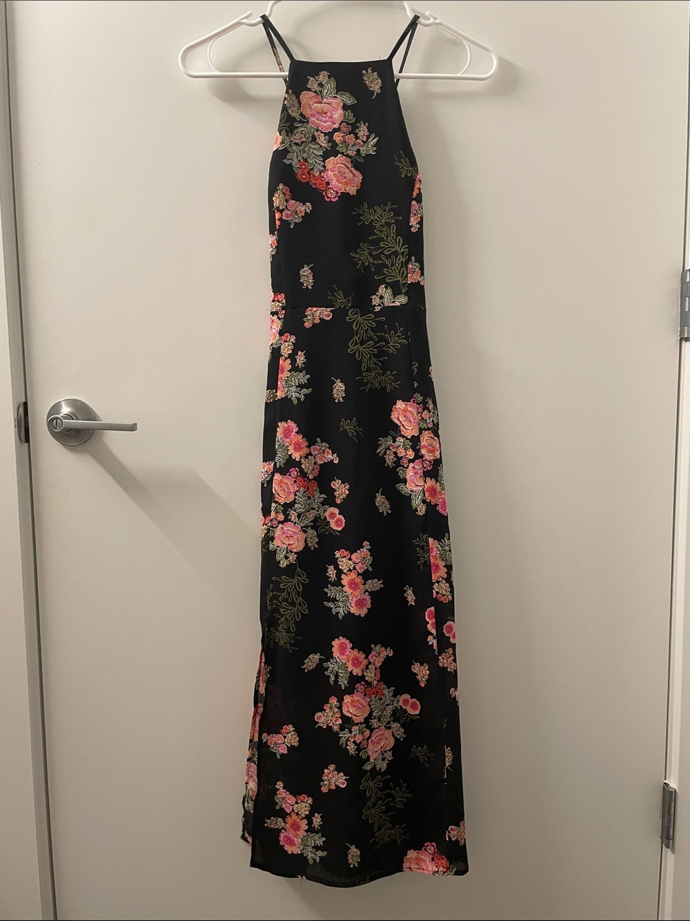 Black Floral Halter Midi Dress with Pink Roses